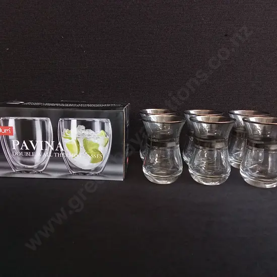 MIX OF GLASSWARE, INCLUDING 6 PIECE TURKISH TEA GLASSES, AND PAIR OF BRAND NEW BODUM DOUBLE WALL THERMO GLASSES