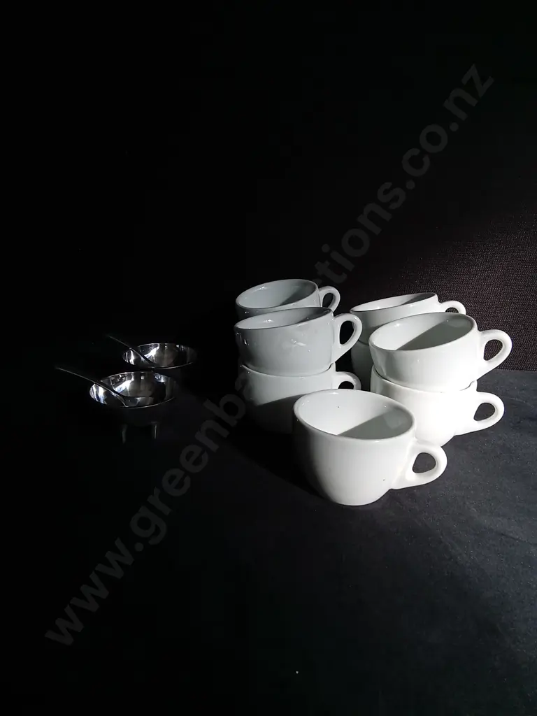 PAIR OF SILVER CONDIMENT BOWLS WITH SPOONS,AND SET OF 9 PORCELAIN ITALIAN COFFEE CUPS Image 1++