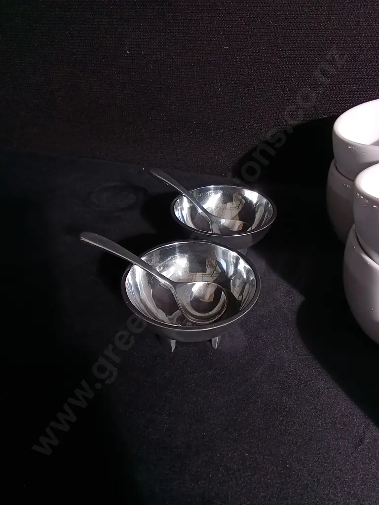 PAIR OF SILVER CONDIMENT BOWLS WITH SPOONS,AND SET OF 9 PORCELAIN ITALIAN COFFEE CUPS Image 1++