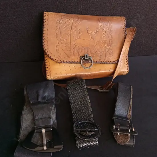 LEATHER HANDBAG AND 3 BELTS, BAG W 30 CM