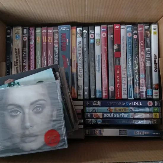 BOX OF CDS AND DVDS