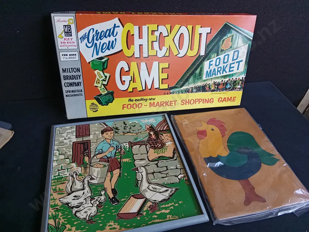3 PIECES VINTAGE GAMES, INCLUDING SUPERMARKET CHECKOUT BOARD GAME AND TWO PUZZLES Image 1++