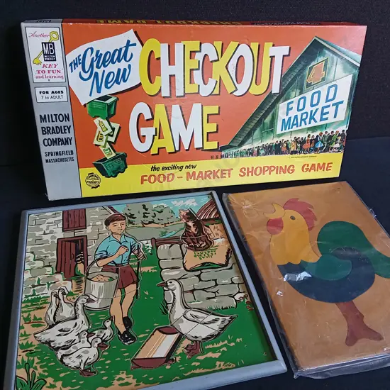 3 PIECES VINTAGE GAMES, INCLUDING SUPERMARKET CHECKOUT BOARD GAME AND TWO PUZZLES