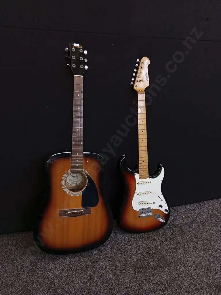 FENDER FA-115 ACOUSTIC GUITAR AND STRATOCASTER STYLE ELECTRIC GUITAR, MISSING STRINGS Image 1++