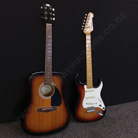 FENDER FA-115 ACOUSTIC GUITAR AND STRATOCASTER STYLE ELECTRIC GUITAR, MISSING STRINGS