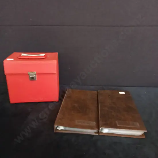 RED VINTAGE CASE H19CM AND 2 FULL VINTAGE PHOTO ALBUMS