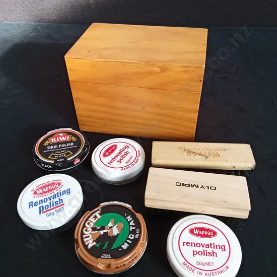 BOX OF SHOE POLISHING ITEMS