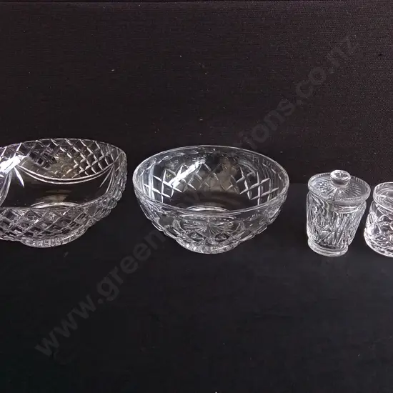 4 PIECES VINTAGE CUT GLASS AND CRYSTAL, INCLUDING PAIR OF STUART ENGLAND BOWLS, CRYSTAL CONDIMENT POT, WIDEST DIA 22 CM
