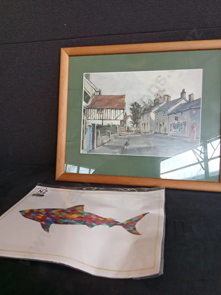 FRAMED PETER GILMAN 1984 BRITISH LANDSCAPE ARTWORK AND A SHARK PRINT BY BECKY MCEWEN Image 1++