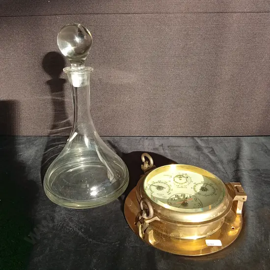 NAUTICAL STYLE BRASS PORTHOLE WEATHER STATION AND VINTAGE GLASS DECANTER H33CM