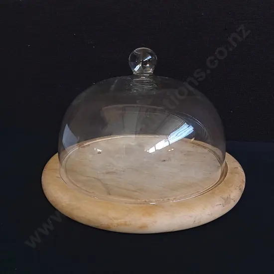 GLASS DOME FOOD COVER AND WOODEN BOARD SET H 22 CM