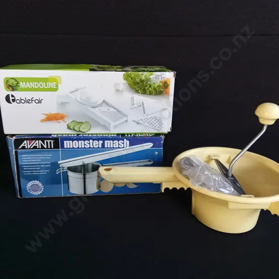 3 PIECES BRAND NEW KITCHEN PREP ITEMS, FOOD MILL, POTATO RICER, AND MANDOLINE SLICER