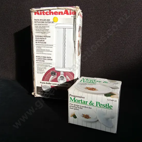 KITCHENAID PASTA ROLLER AND FETTUCINI CUTTER SET, AND MORTAR AND PESTLE