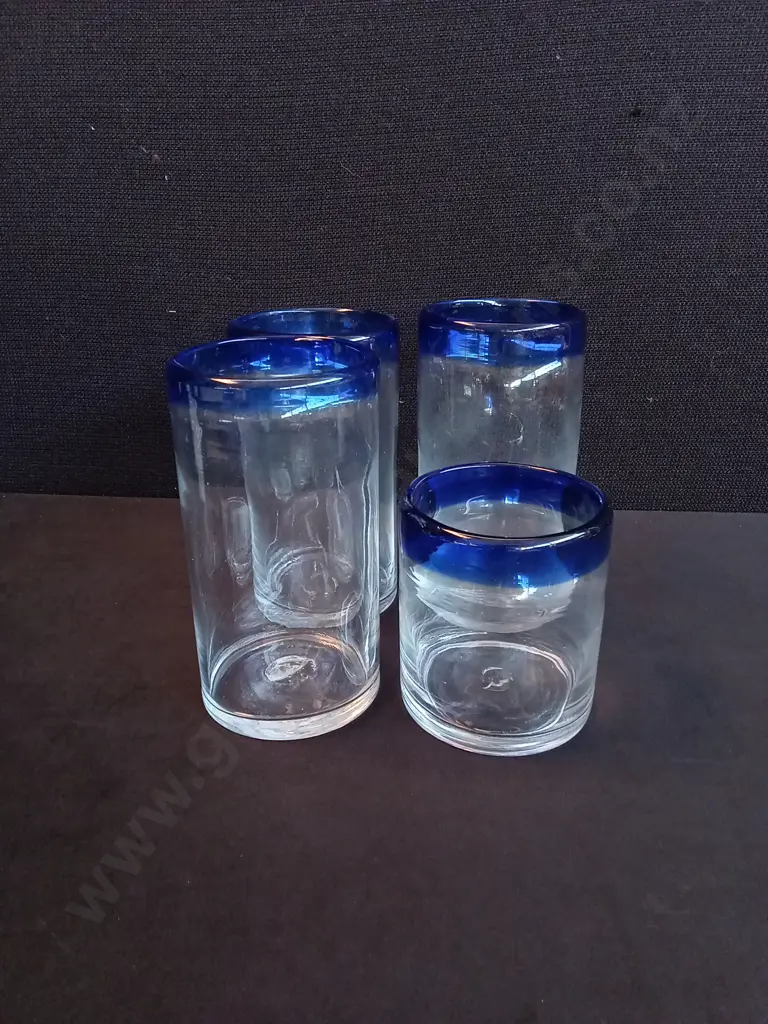 SET OF 4 HAND BLOWN COBALT BLUE GLASSES, TALLEST H 14 CM Image 1++