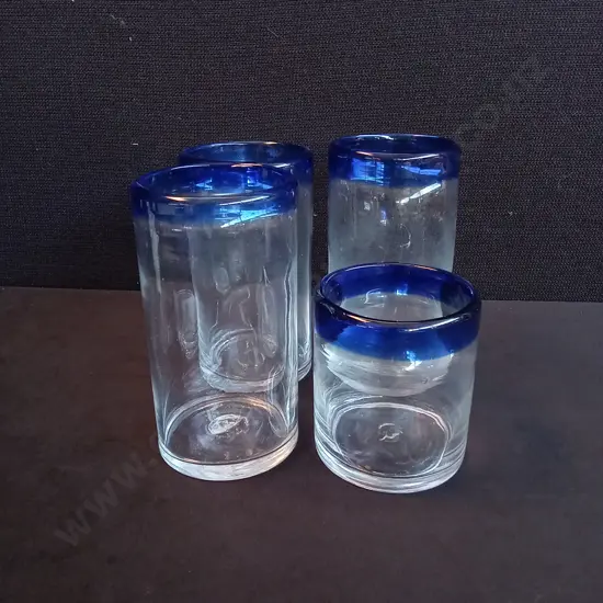 SET OF 4 HAND BLOWN COBALT BLUE GLASSES, TALLEST H 14 CM