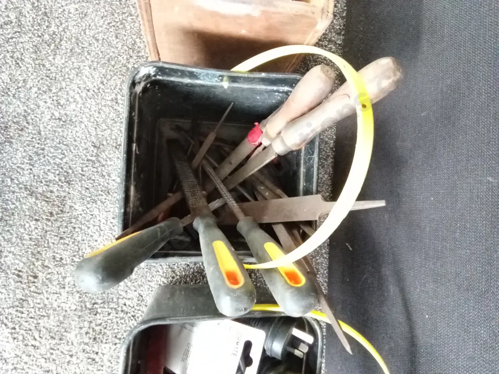 BOXES OF TOOLS INCLUDING FILES, SOLDERING IRONS, AND JUMPER CABLES Image 1++