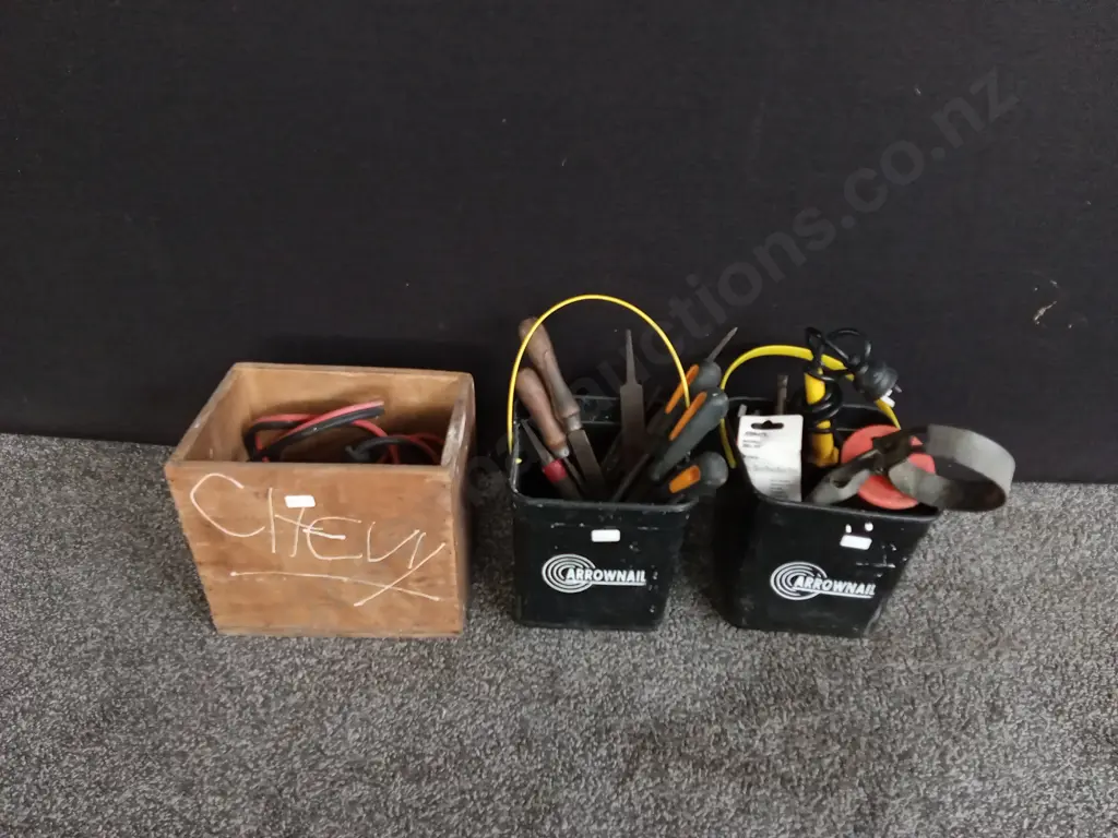 BOXES OF TOOLS INCLUDING FILES, SOLDERING IRONS, AND JUMPER CABLES Image 1++