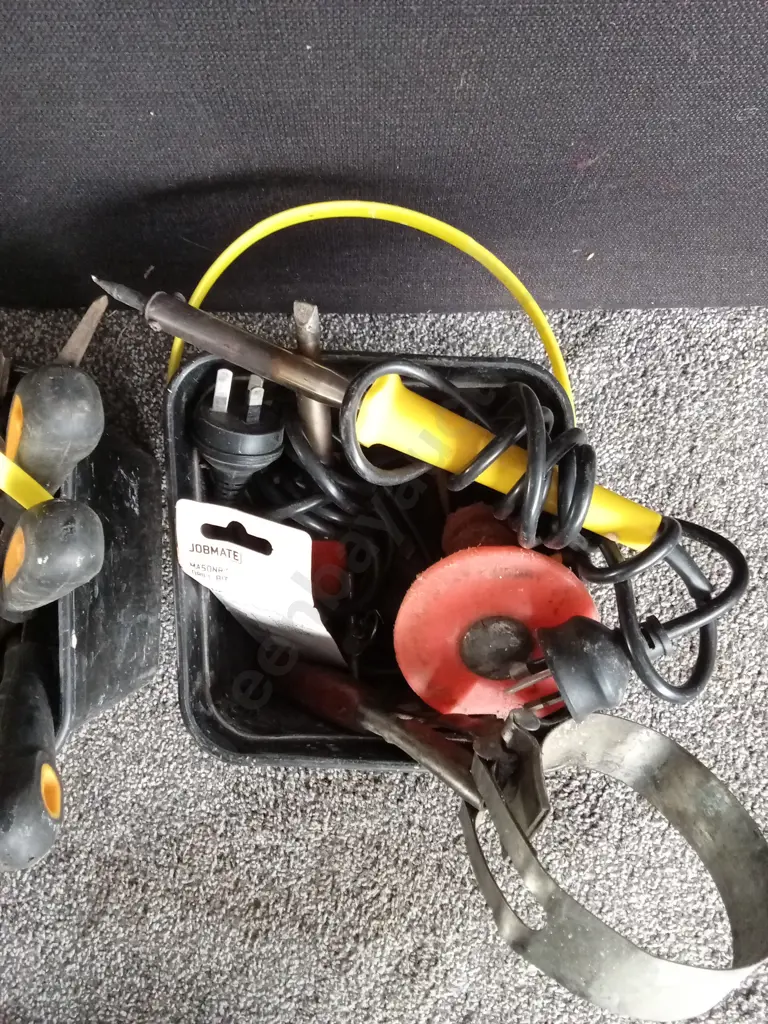 BOXES OF TOOLS INCLUDING FILES, SOLDERING IRONS, AND JUMPER CABLES Image 1++