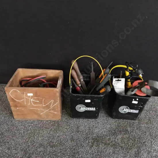 BOXES OF TOOLS INCLUDING FILES, SOLDERING IRONS, AND JUMPER CABLES