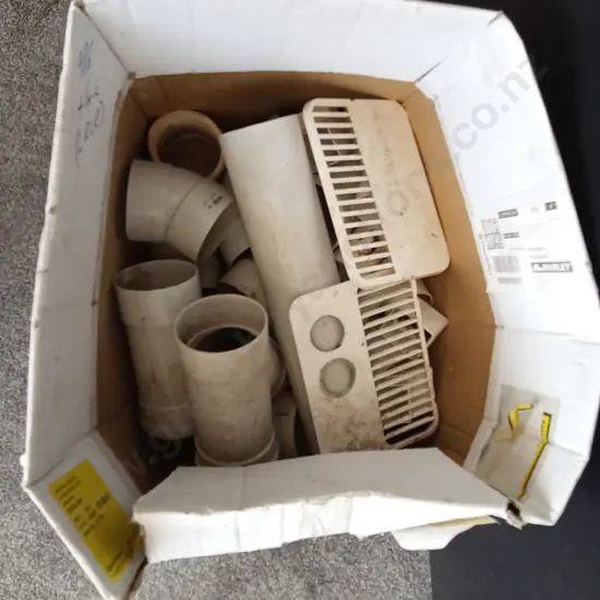 BOX OF PVC PIPES AND DRAIN COVERS