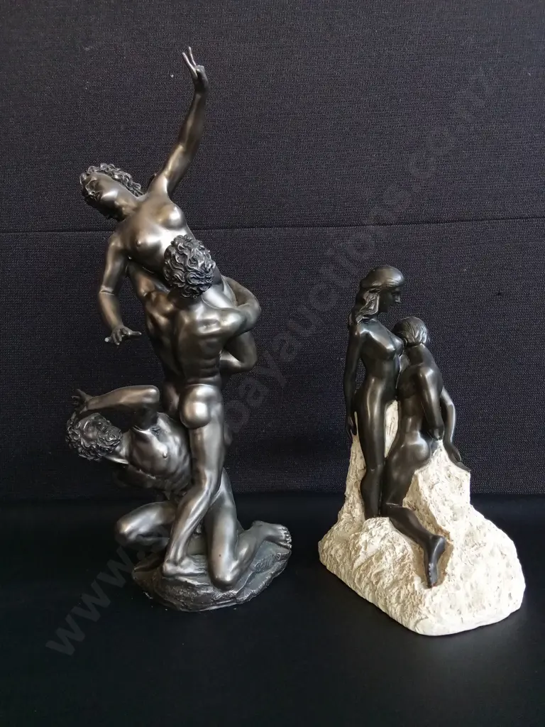 PAIR OF VINTAGE CLASSICAL SCULPTURES, GIAMBOLOGNA AND RODIN REPRODUCTIONS, TALLEST H 39 CM, DAMAGE PICTURED Image 1++