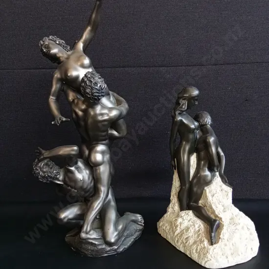 PAIR OF VINTAGE CLASSICAL SCULPTURES, GIAMBOLOGNA AND RODIN REPRODUCTIONS, TALLEST H 39 CM, DAMAGE PICTURED
