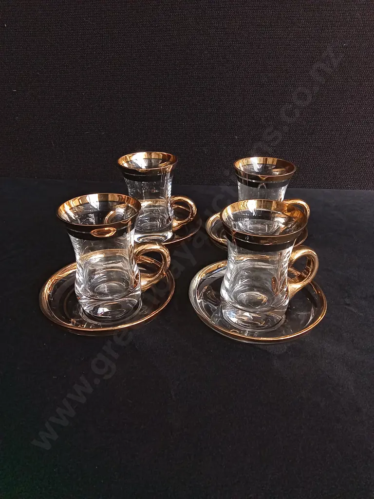 VINTAGE TURKISH TEA GLASSES AND SAUCERS, TALLEST H 8 CM Image 1++