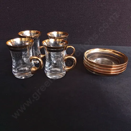 VINTAGE TURKISH TEA GLASSES AND SAUCERS, TALLEST H 8 CM