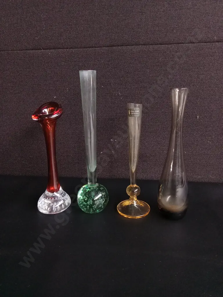 4 VINTAGE ART GLASS SOLIFLEUR VASES, INCLUDING ONE FULL LEAD CRYSTAL, TALLEST H 24 CM Image 1++