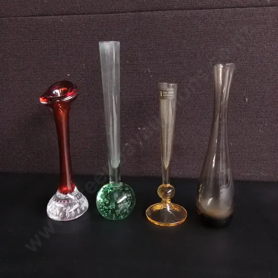 4 VINTAGE ART GLASS SOLIFLEUR VASES, INCLUDING ONE FULL LEAD CRYSTAL, TALLEST H 24 CM