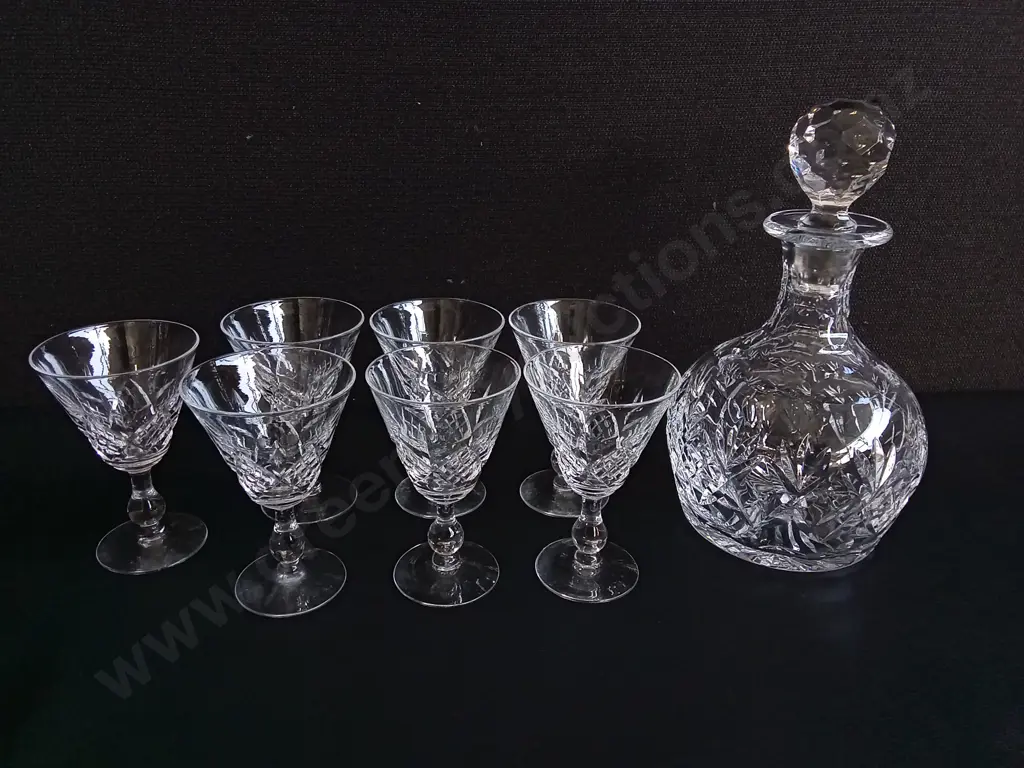 VINTAGE STUART ENGLAND CRYSTAL GLASSES, AND GLASS DECANTERS, 8 PIECES, TALLEST H 24 CM Image 1++