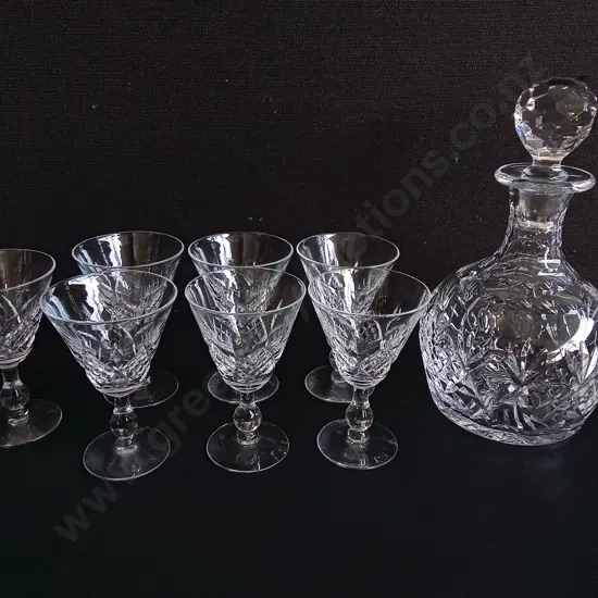 VINTAGE STUART ENGLAND CRYSTAL GLASSES, AND GLASS DECANTERS, 8 PIECES, TALLEST H 24 CM
