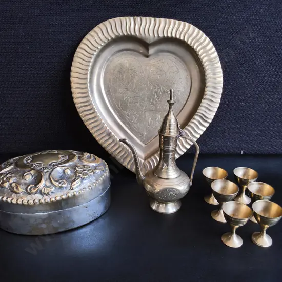 VINTAGE BRASS MINIATURE TEA & LICQUEUR SET, ENGRAVED HEART TRAY, AND EMBOSSED TRINKET BOX, TRAY W 26 CM