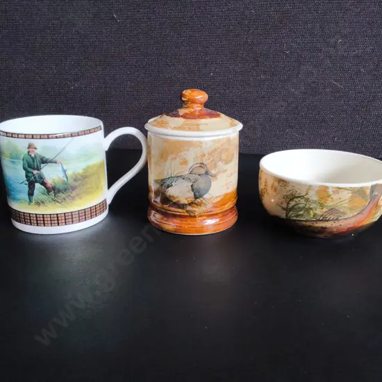 WEDGEWOOD FISHING MUG, ROBERT GORDON TROUT BOWL AND DUCK SUGAR JAR, TALLEST H 11 CM