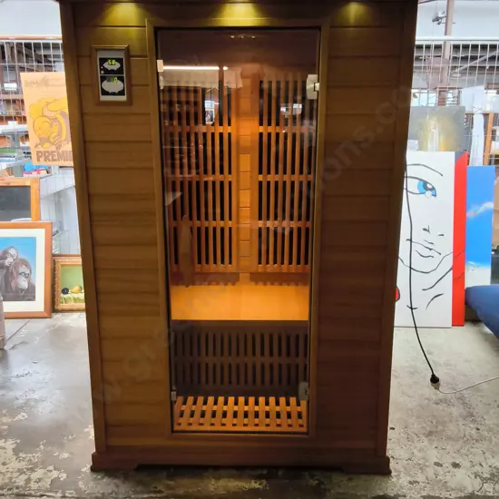 AS NEW 2 PERSON INFRARED INDOOR CEDAR WOOD SAUNA - COMPLETE WITH ELECTRIC HEATER, GLASS DOOR, LIGHTING AND STEREO