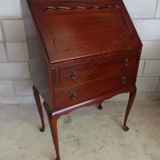 MAHOGANY DROP FRONT DESK, QUEEN ANNE-STYLE