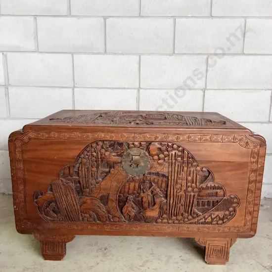 LARGE HANDCARVED WOODEN CHEST, H 60CM X L 101CM X D 50CM