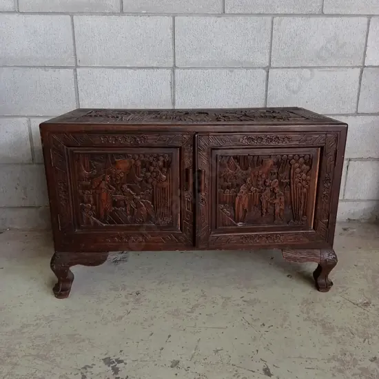 VINTAGE CARVED WOOD SIDEBOARD, H 56CM X L 89CM X D 45CM