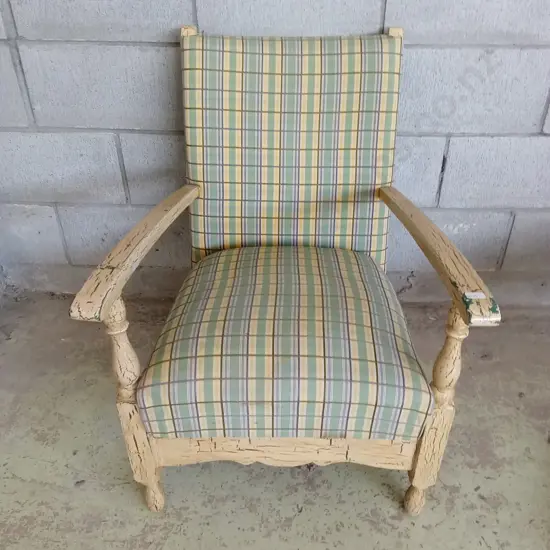 VINTAGE ARM CHAIR WITH PLAID CUSHIONS, H 76CM
