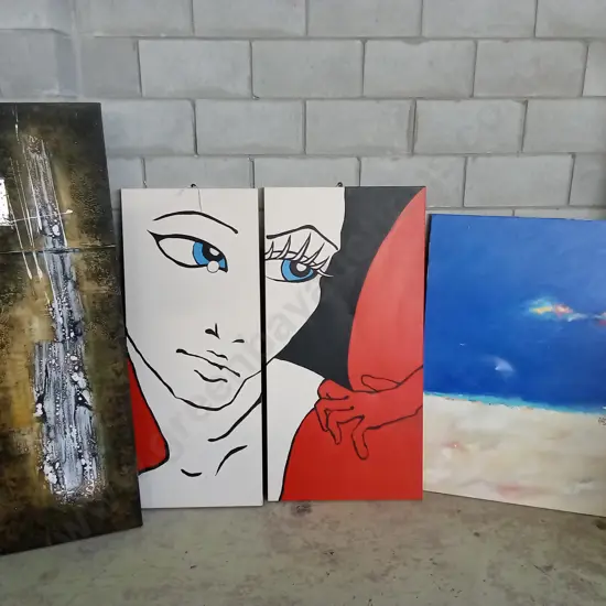 COLLECTION OF PAINTED CANVASES - DAMAGE TO SECOND LEFT AS IN PHOTO