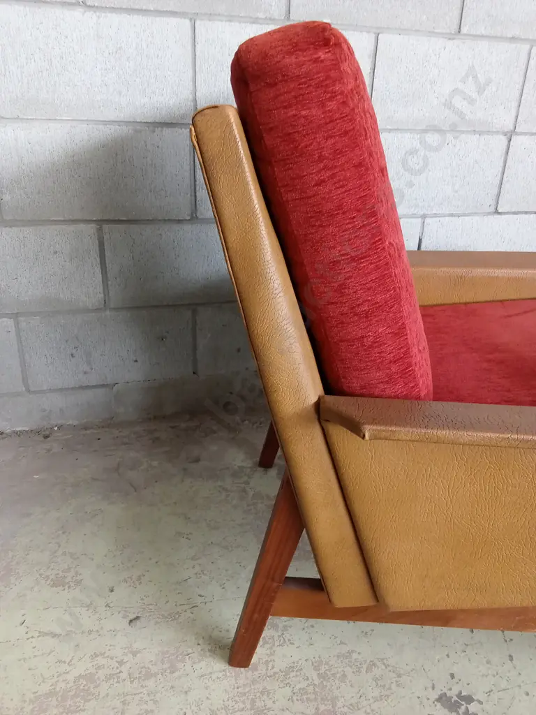 MID CENTURY MODERN ARMCHAIR WITH RED FABRIC CUSHIONS, HEIGHT IS 83CM Image 1++