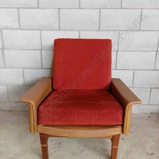 MID CENTURY MODERN ARMCHAIR WITH RED FABRIC CUSHIONS, HEIGHT IS 83CM