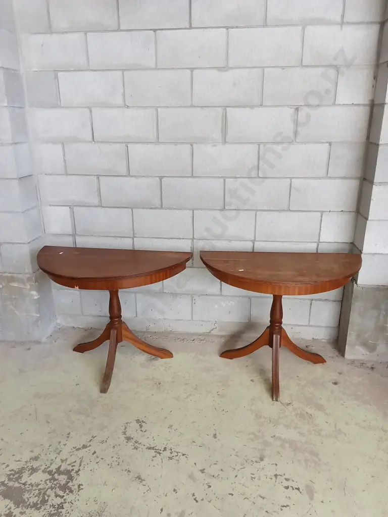 2 HALF CIRCLE TABLES L91CM D44CM H71CM, NEEDS RESTORATION Image 1++