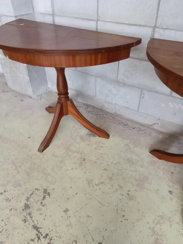 2 HALF CIRCLE TABLES L91CM D44CM H71CM, NEEDS RESTORATION Image 1++