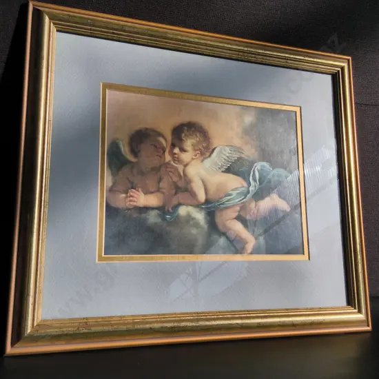 FRAMED ART PRINT, BAROQUE PUTTI DETAIL FROM GUERCINO, GOLD TONED FRAME, H 40 CM X W 45 CM
