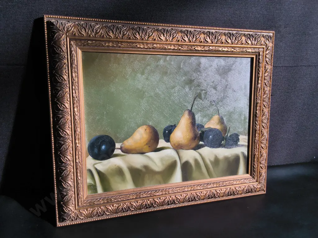 ORIGINAL OIL PAINTING "STILL LIFE STUDY OF PEARS AND PLUMS" BY STEPHEN CHEN, FRAMED, H 41 CM X W 51 CM Image 1++
