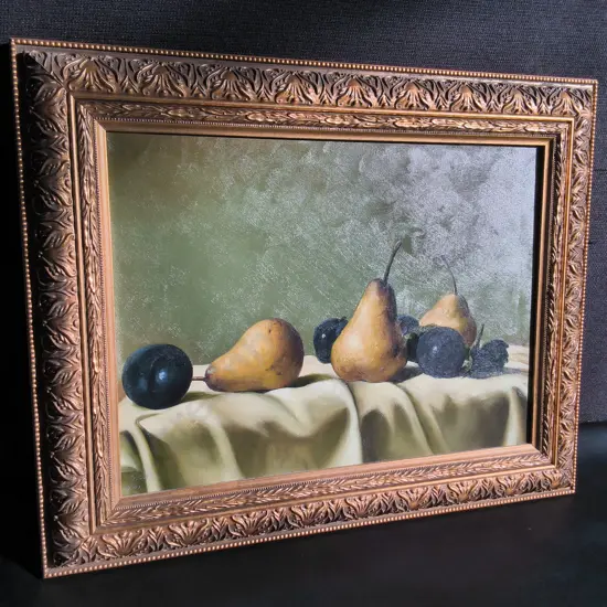 ORIGINAL OIL PAINTING "STILL LIFE STUDY OF PEARS AND PLUMS" BY STEPHEN CHEN, FRAMED, H 41 CM X W 51 CM