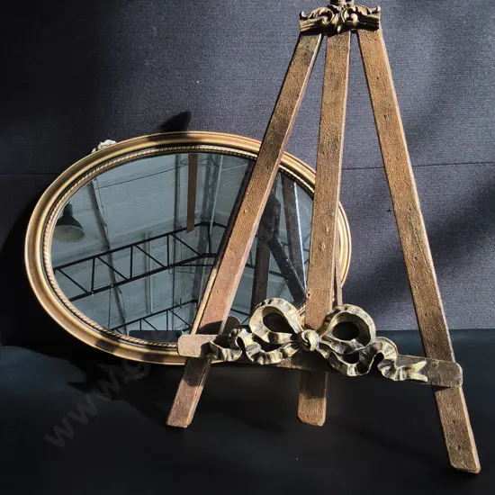 VINTAGE BRASS TONED EASEL AND OVAL VANITY MIRROR, EASEL H 55 CM, MIRROR W 53 CM