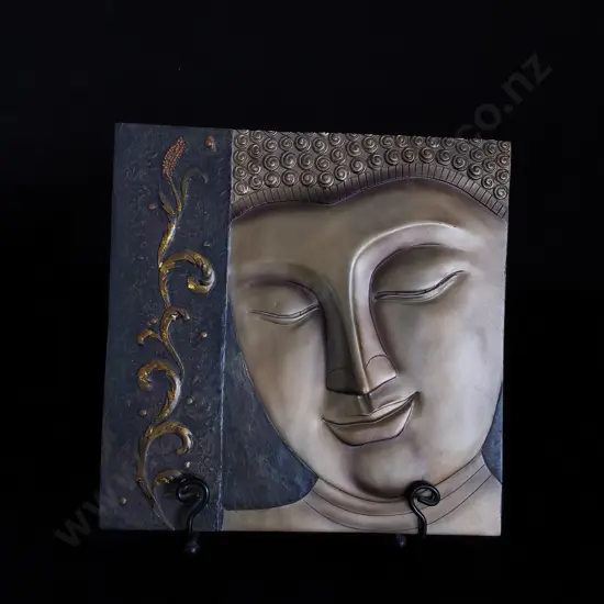BRASS BUDDHA FACE SHOWPIECE 19CM X 19CM ON STAND