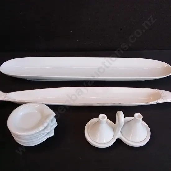WHITE CERAMIC DISHES, INCLUDING FRENCH COUNTRY FISH DISH, AND SPICE CELLAR, WIDEST W 47CM